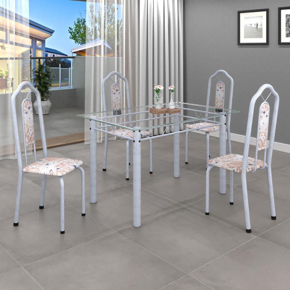 Conjunto de Mesa 010 Tubular 120x75cm Tampo Vidro com 4 Cadeiras Bianca Soma Móveis Botanic Bege / Mart Pérola