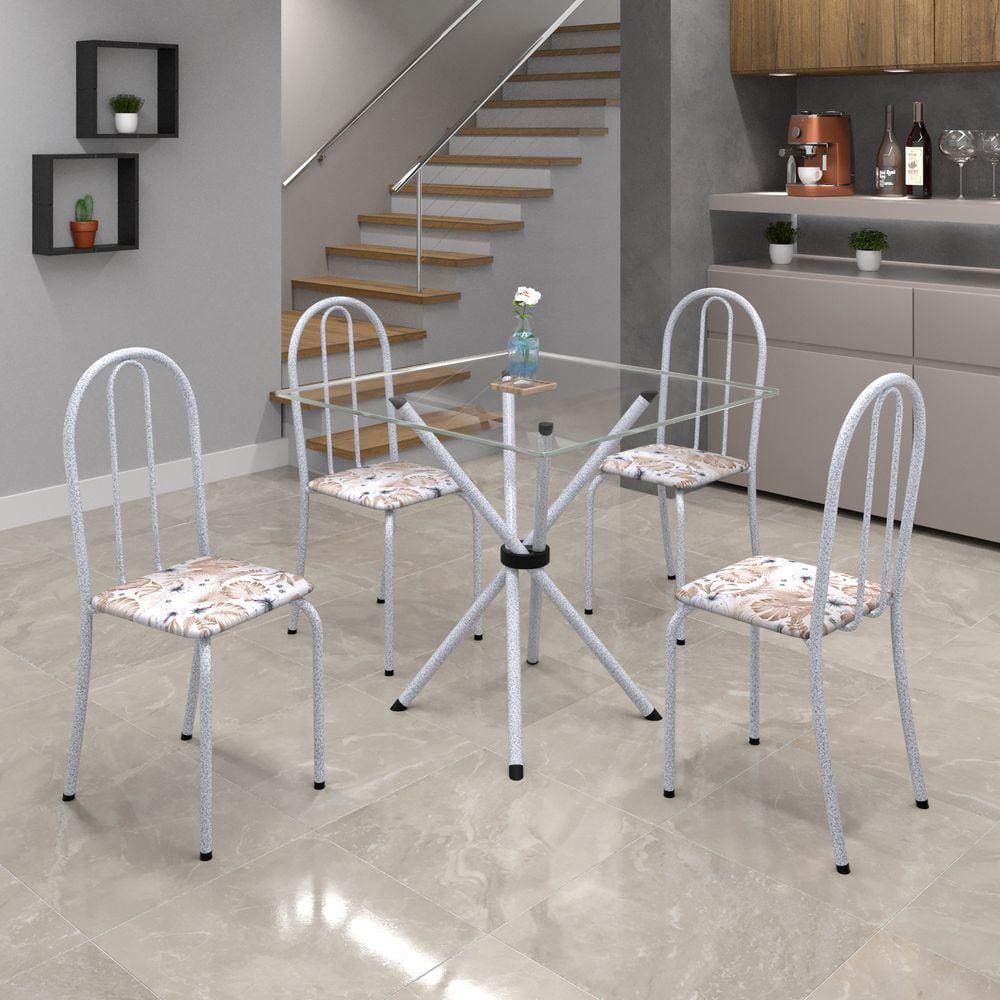Conjunto de Mesa Tubular 75x75cm Tampo de Vidro com 4 Cadeiras Ane B Soma Móveis Botanic Bege / Mart Perola