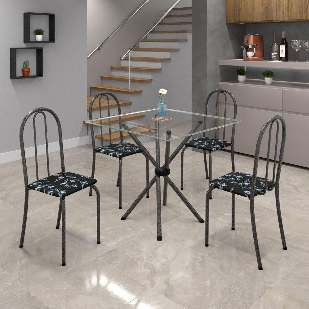 Conjunto de Mesa Tubular 75x75cm Tampo de Vidro com 4 Cadeiras Ane B Soma Móveis Preto Floral / Mart Prata