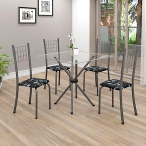 Conjunto de Mesa Tubular 75x75cm Tampo em Vidro com 4 Cadeiras Dany Soma Móveis Preto Floral / Mart Prata