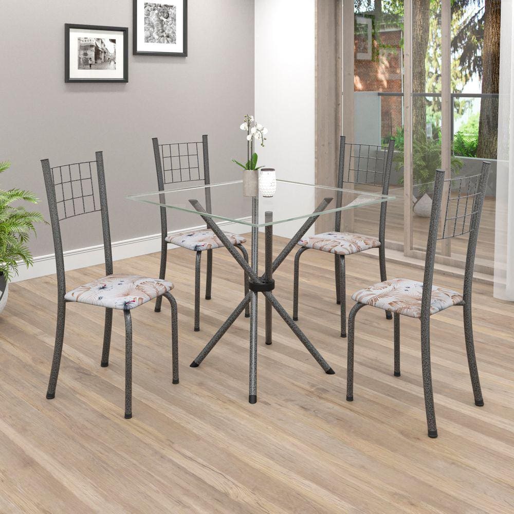 Conjunto de Mesa Tubular 75x75cm Tampo em Vidro com 4 Cadeiras Dany Soma Móveis Botanic Bege / Mart Prata