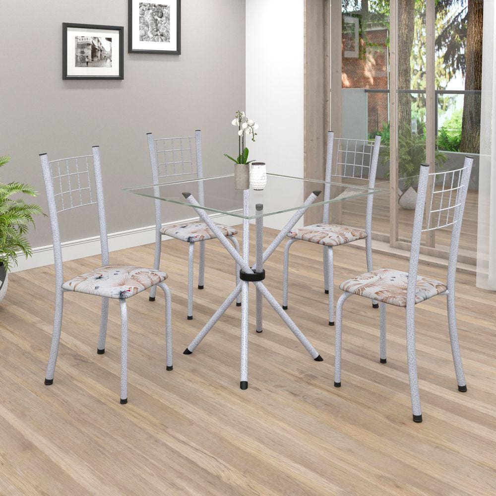 Conjunto de Mesa Tubular 75x75cm Tampo em Vidro com 4 Cadeiras Dany Soma Móveis Botanic Bege / Mart Perola