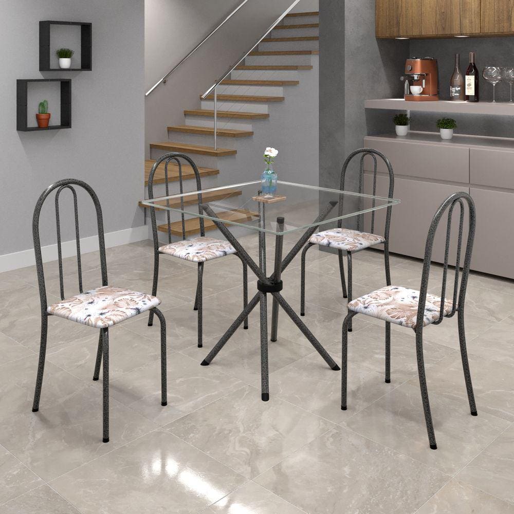 Conjunto de Mesa Tubular 75x75cm Tampo de Vidro com 4 Cadeiras Ane B Soma Móveis Botanic Bege / Mart Prata