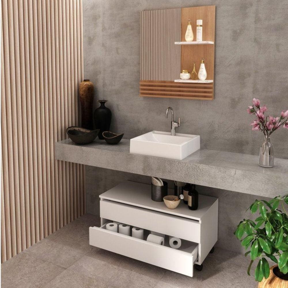 Gabinete para Banheiro com Rodízio e Espelheira 80cm Branco