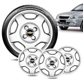 Jogo 4 Calota Chevrolet Corsa aro 14 2004 Prata Logo Preto