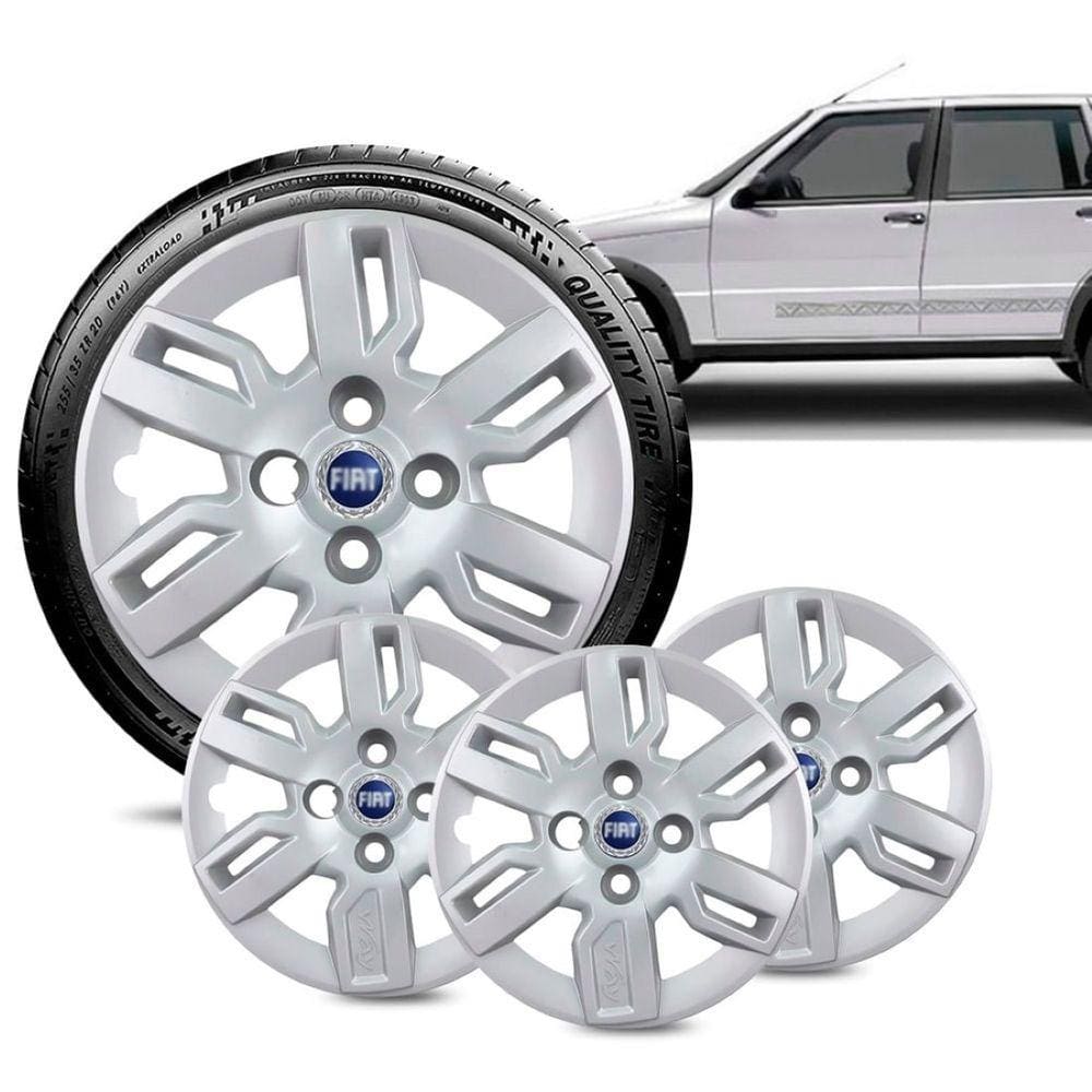 Jogo 4 Calota Fiat Uno Way aro 13 2013 a 15 Prata Logo Azul