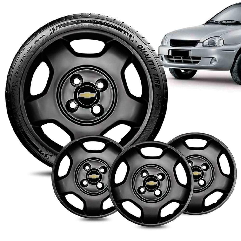 Jogo 4 Calota GM Corsa aro 14 2004 Preta Brilhante Log preto