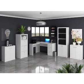 Escritório Completo com Mesa em L, Armário 2 Portas, Gaveteiro e 2 Balcões Espresso Móveis Branco