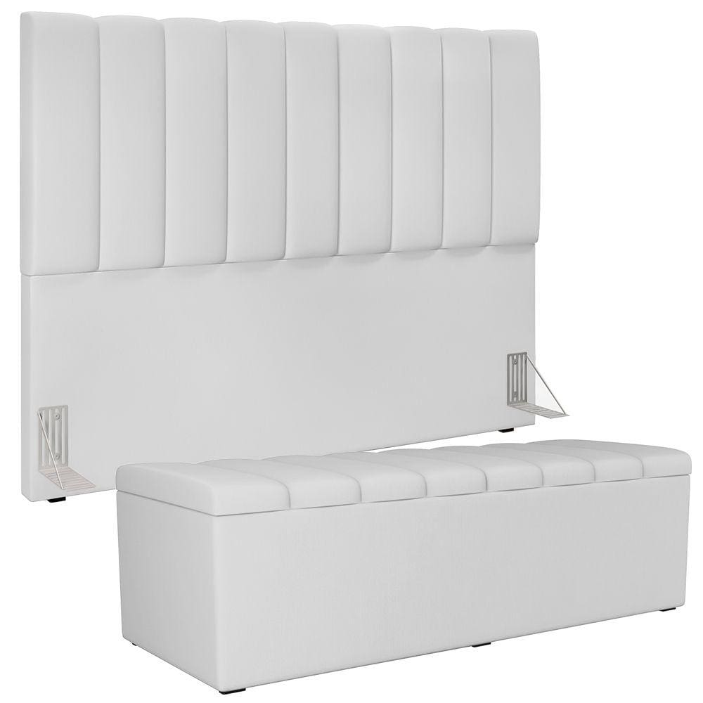 Kit Cabeceira Cama Box Casal King 195cm com Calçadeira Baú Dália W01 Facto Branco - Lyam