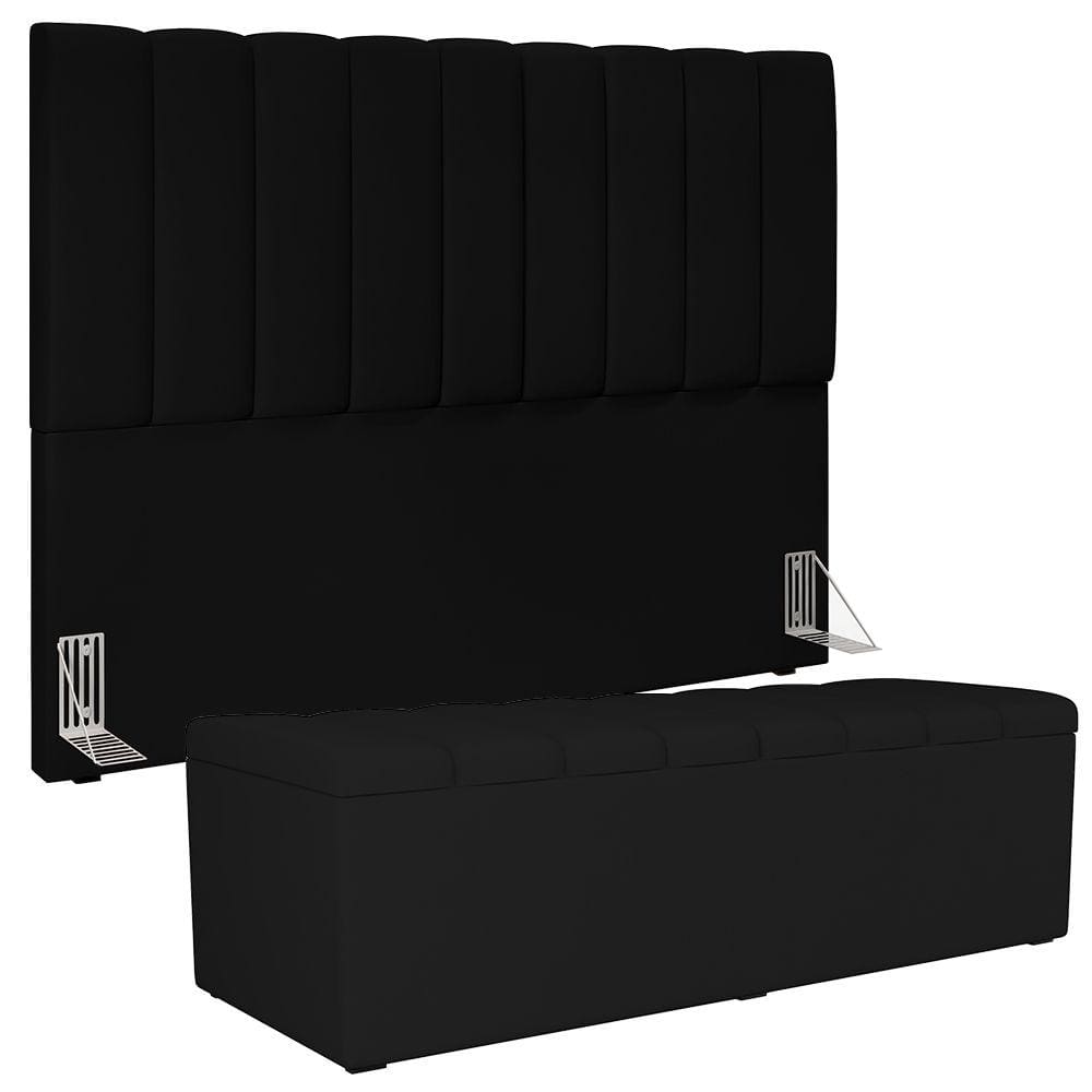 Kit Cabeceira Cama Box Casal King 195cm com Calçadeira Baú Dália W01 Facto Preto - Lyam