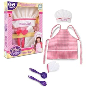 Kit Cozinha Brinquedo Faz de Conta Gran Chef Avental Infantil + Chapéu Rosa Com Colherzinha