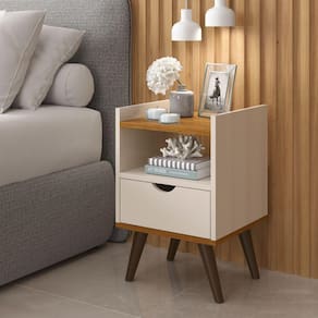 Mesa de Cabeceira Alice Pés Retro 1 gaveta off white Prado Móveis