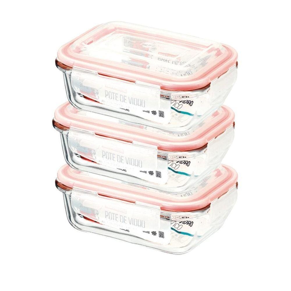 Kit Potes De Vidro Herméticos 3 Peças Retangular 640Ml