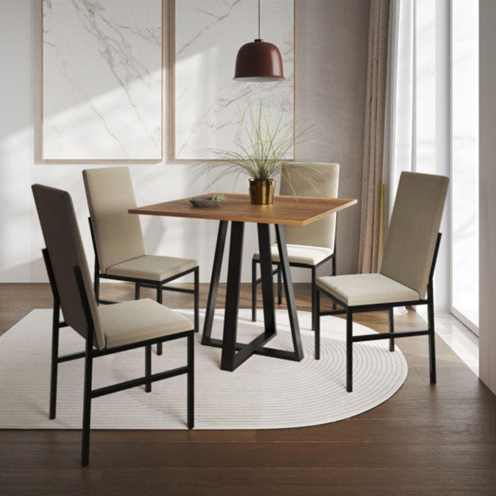 Conjunto de Jantar Mesa Mônaco Premium 90cm Imbuia com 4 Cadeiras Estofadas Bege