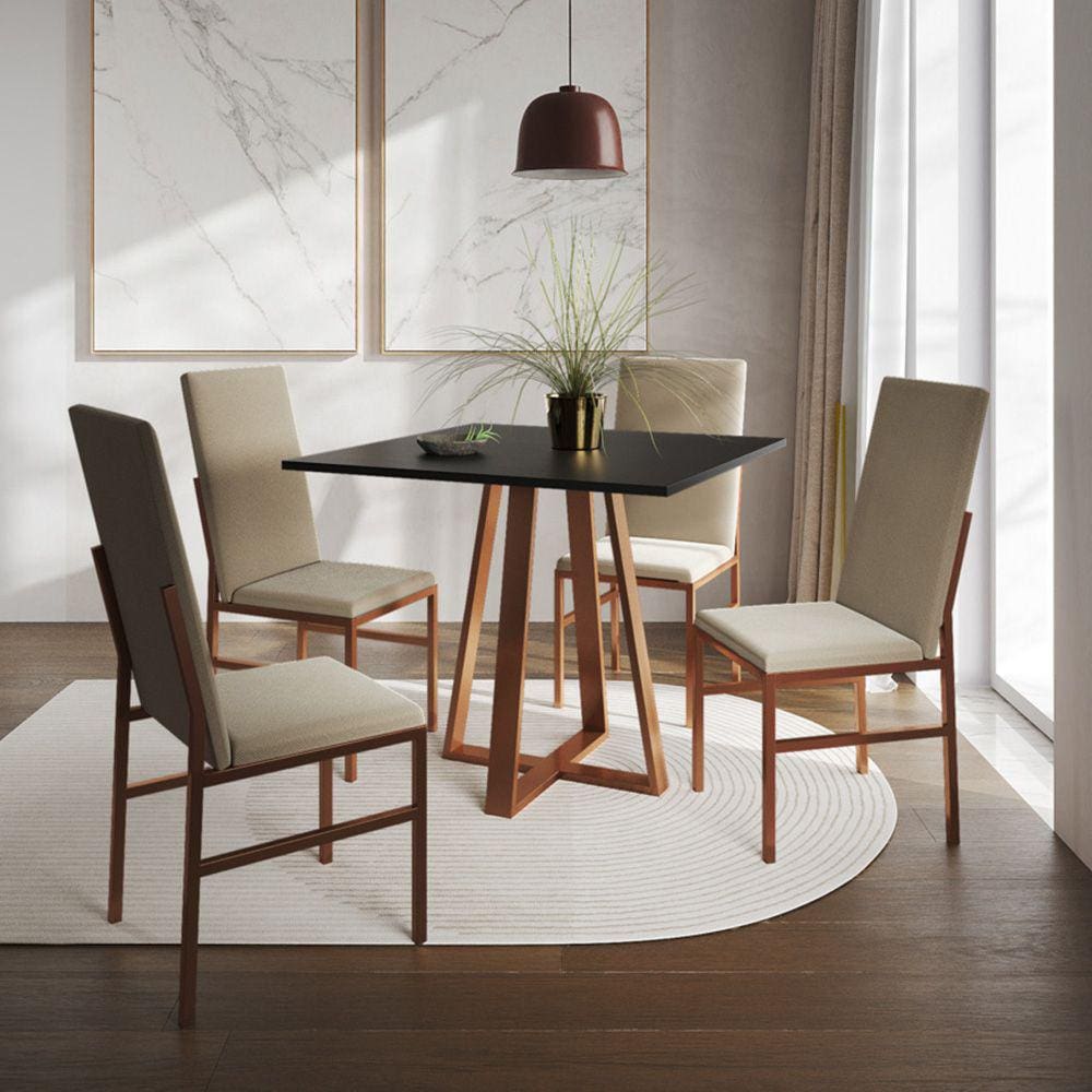 Conjunto de Jantar Mesa Mônaco Premium 90cm Preta com 4 Cadeiras Estofadas Bege Base Cobre