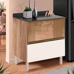Balcão Para Cozinha Com Gaveta Basculante Vidro Reflecta E Tampo 100% MDF Carvalho Rústico Off White Cetim Kali Nicioli
