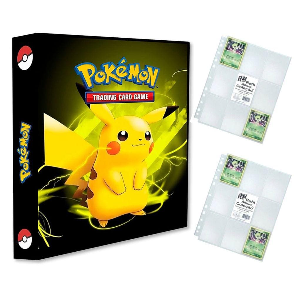 Álbum Pasta Fichário Pokemon com 20 Folhas YES 9 Bolsos Pikachu Raio de Trovão Capa Dura Reforçado