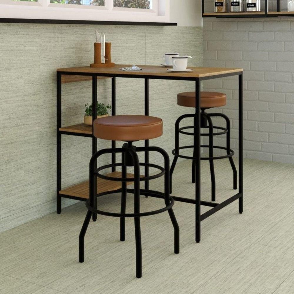 Conjunto Mesa Bistrô 2 Banqueta Aço Giratória Espresso Móveis Mel/Preto/Caramelo