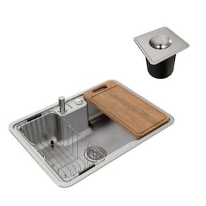 Cuba de Embutir/Sobrepor Massima 68x48cm  Em Aço Inox Com Lixeira de Embutir 6L, Tábua de Madeira, Dosador de Sabão, Ces