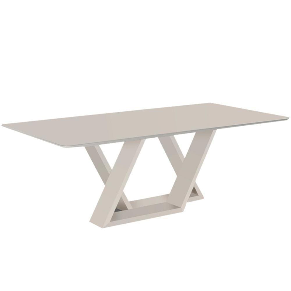 Mesa De Jantar Livia Flora 200 Cm Retangular Borda Arredondada Madeira Vidro Colado Laca Branco