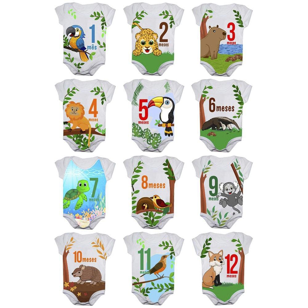 Body de Bebê Mesversario Safari Fauna Brasileira Kit Com 12 Bodies de 1 a 12 Meses P ao GG