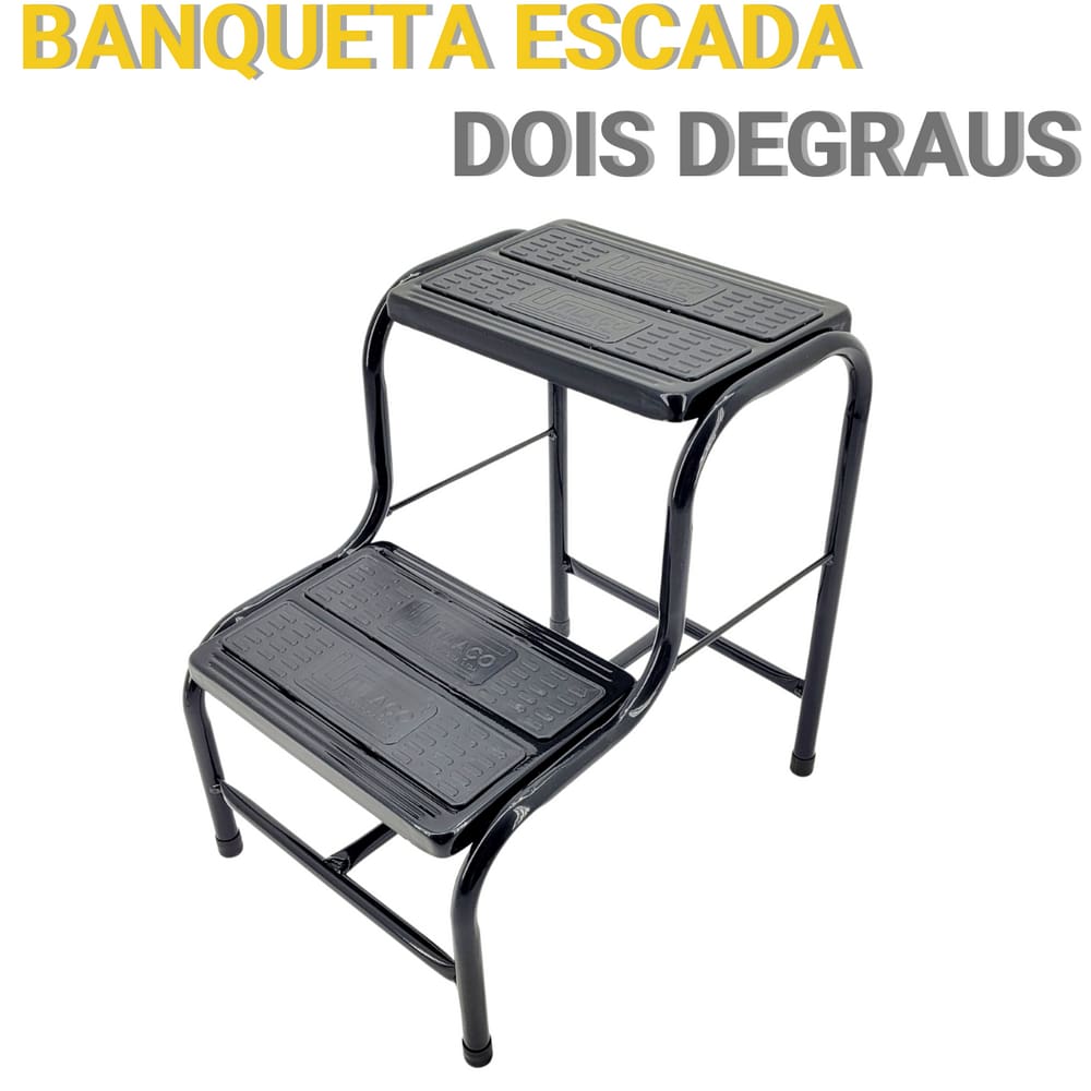 Banqueta Escada Hospitalar 2 Degraus Em Aço Reforçado Preta Com Tapete Ante Derrapante - Utilaço