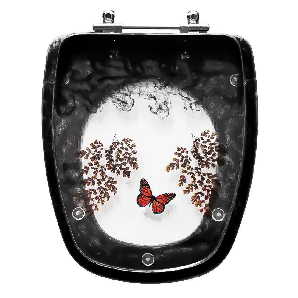 Assento Sanitário Poliester Ibiza Decorado Preto Com Borboleta Vermelha
