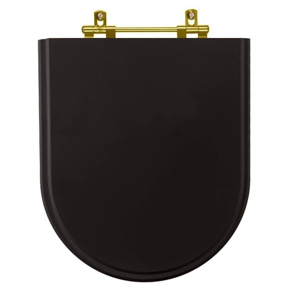 Assento Sanitário Poliéster Carrara Preto Ferragem Dourada