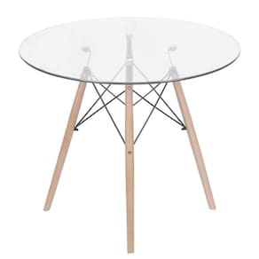 Mesa De Jantar Eiffel Dkr Redonda 90 Cm Tampo De Vidro Base Madeira