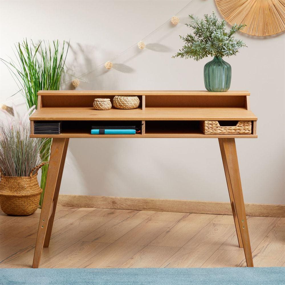 Mesa Escrivaninha Retro Madeira 4 Nichos 1 Prateleira Luna