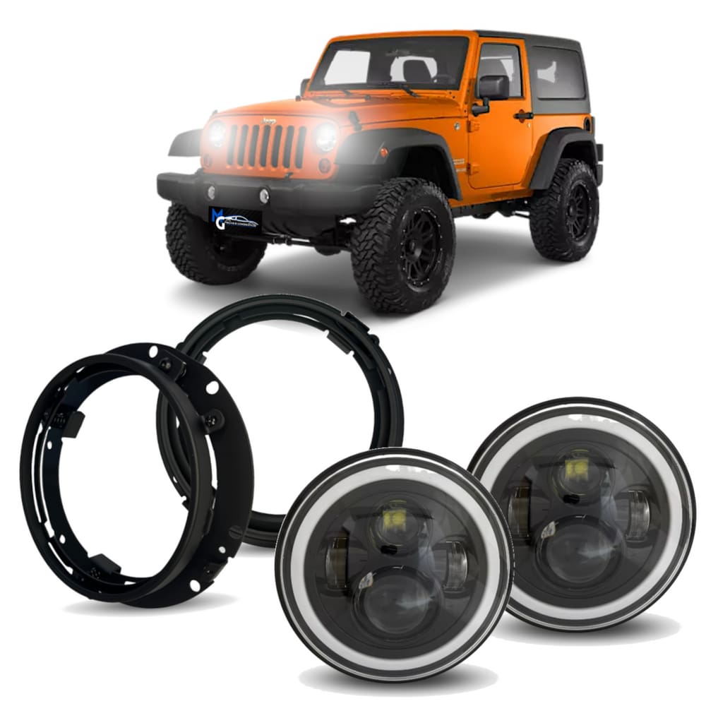 Par Farol Angel Eyes Jeep + Suporte Wrangler JK 2007 a 2016