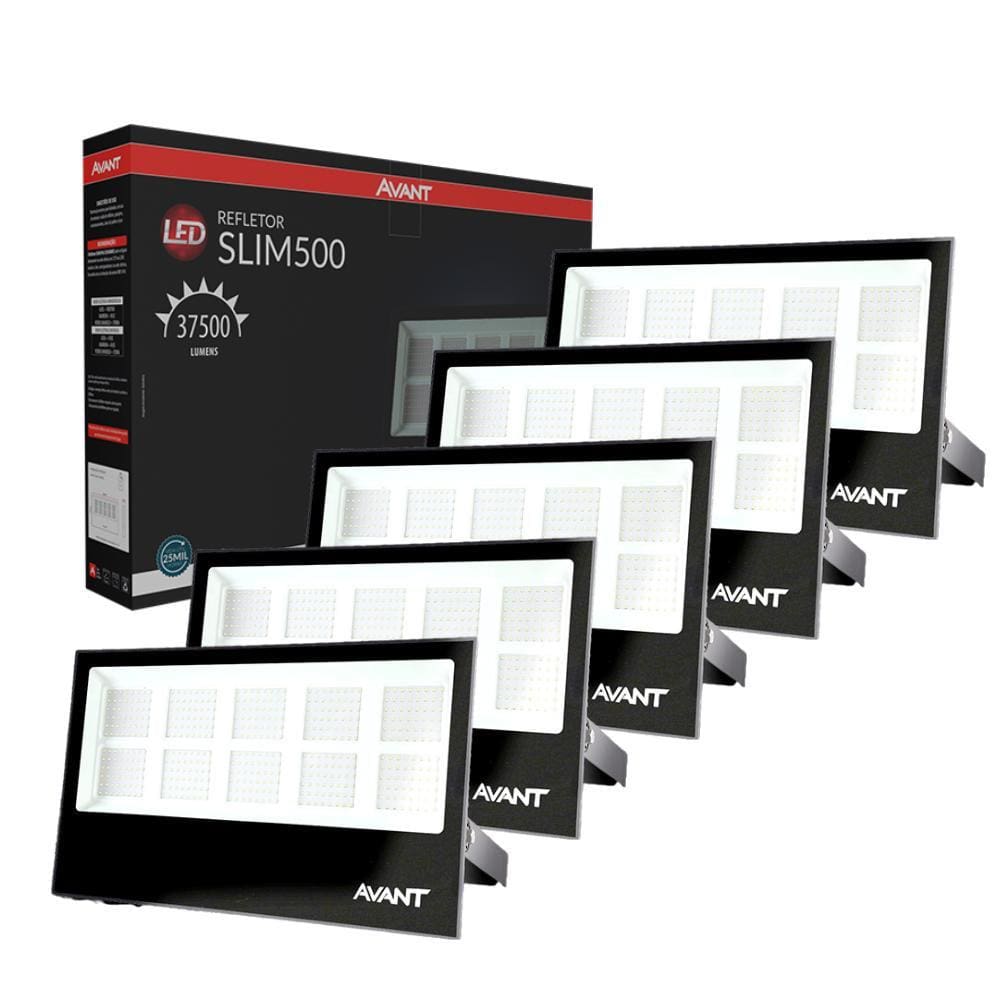 Refletor Avant Led Slim 500w Preto Bivolt 5 Unidades