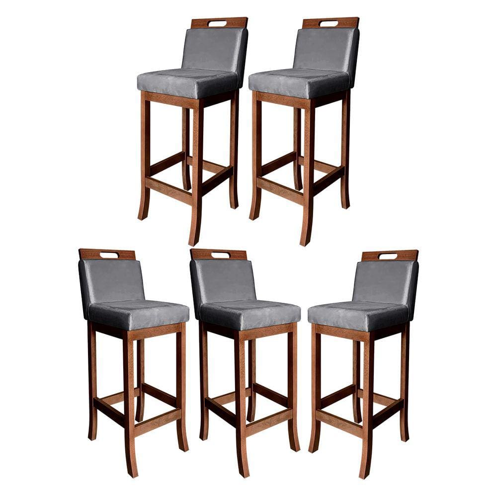 Kit 5 Banquetas Alta para Ilha de Cozinha Milão Madeira Castanho Suede Cinza CCS