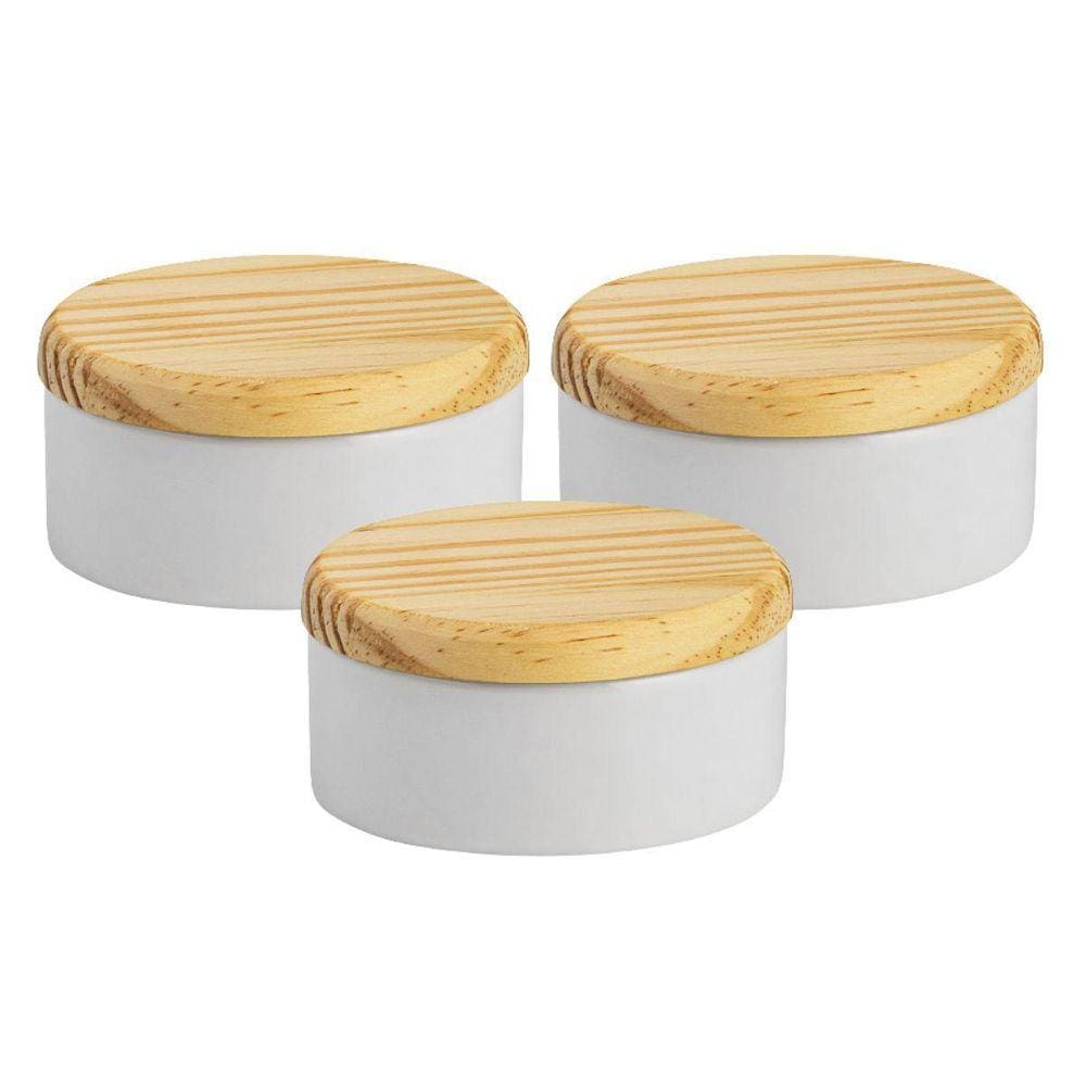 Kit 3 Porta Joia Porcelana Tampa Madeira Potinho Louça 8,5Cm