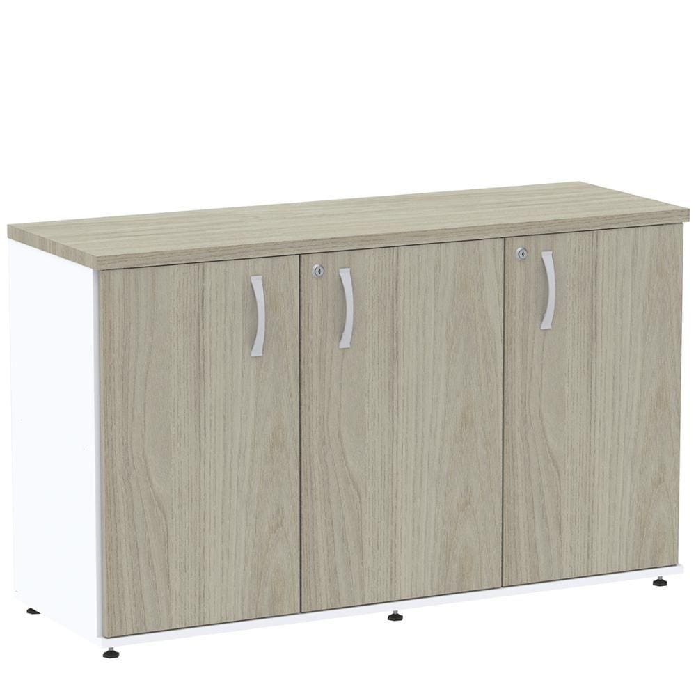 Armário Baixo Credenza PE25 Pandin 121,50 cm (largura) em MDP Cor Nogueira CasaBlanca e Branco com Três Portas