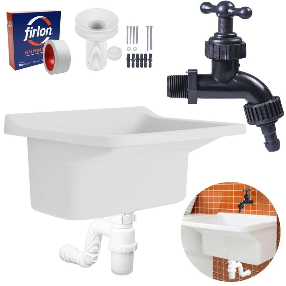 Tanque Plástico 22L Lavanderia Branco + Sifão Copo Universal