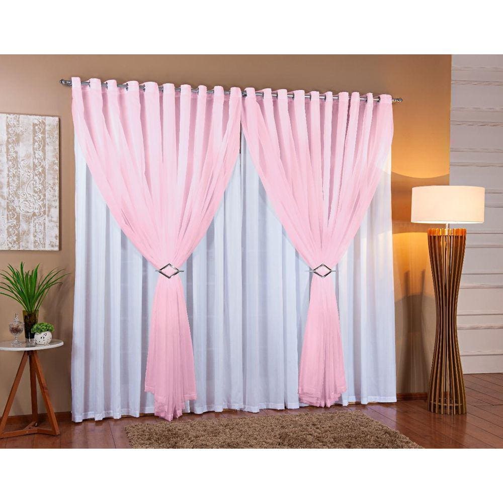 Cortina Voil Forro Microfibra 7,00 X 2,00 Branco E Rosa