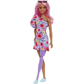 Boneca Barbie Fashionistas #189, Cabelo Rosa, Vestido Floral, Óculos de Sol, Perna Prótese, Ténis, Brinquedo 3-8 Anos.