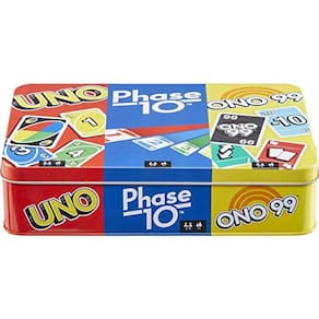 Jogo de Lata 3 Cartas Mattel com UNO, Fase 10 e ONO 99, contêiner decorativo para noite de jogos a partir de 7 anos+