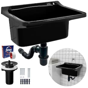 Tanque Plástico 40L Lavanderia Preto + Sifão Copo Universal