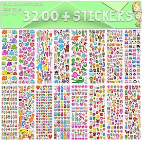 Adesivos 3D Puffy para Crianças - 64 Folhas com 3200+ Adesivos - Animais, Carros, Flores, Comida