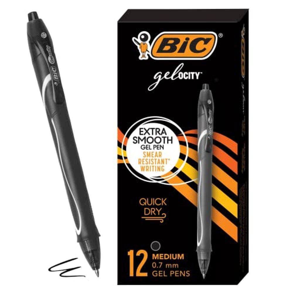 BIC Gel-ocity Quick Dry Black Gel Pens, Medium Point (0.7mm), 12-Count Pack, Retrátil Gel Pens com aderência total confortável