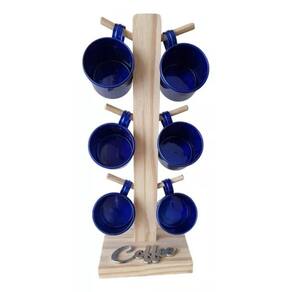 Kit Jogo 6 Xícara Azul Café Suporte Madeira Mesa Cozinha