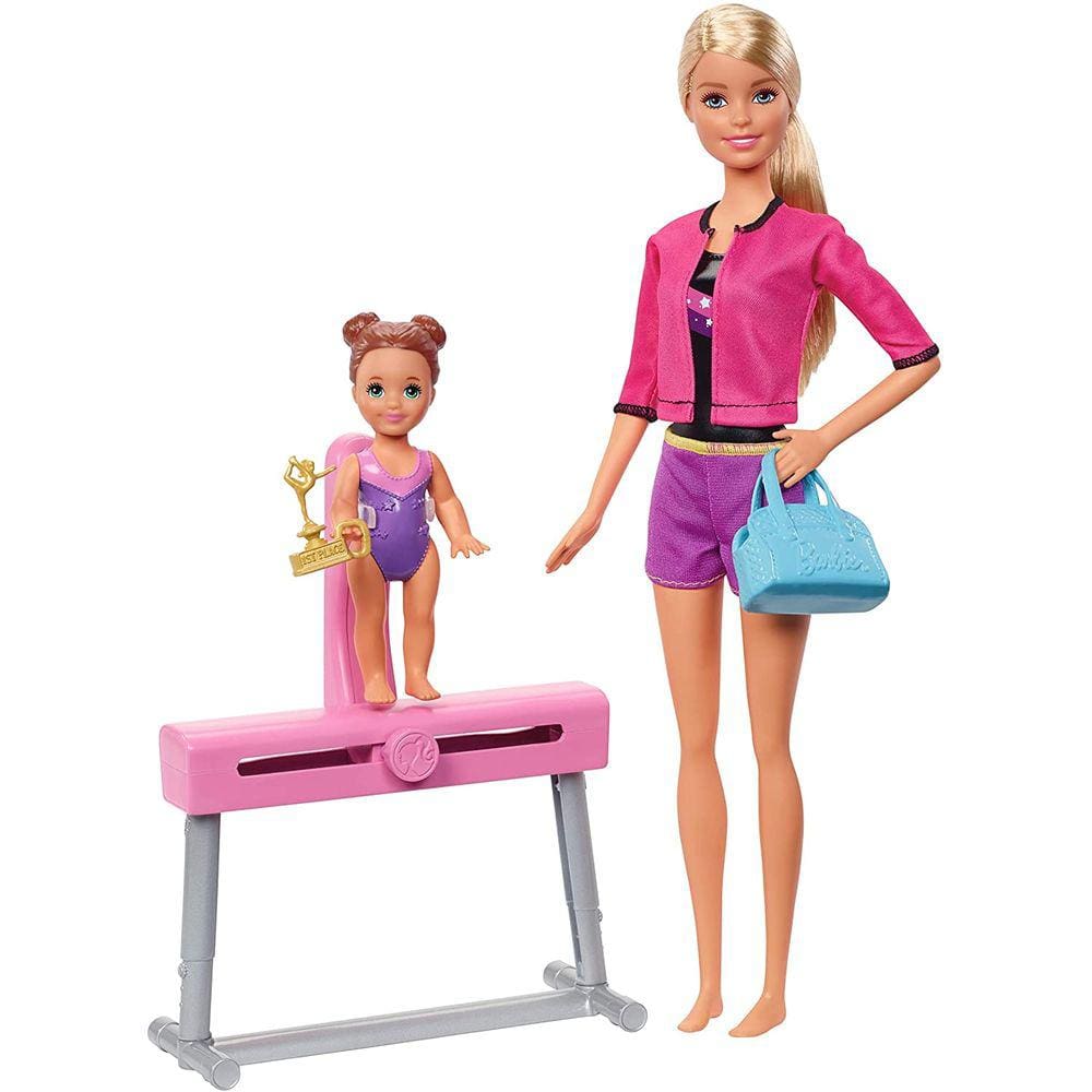 Boneca Ginasta & Playset com Treinadora Barbie, Mini Boneca & Trave de Equilíbrio com Mecanismo Deslizante