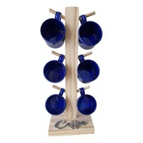 Kit Jogo 6 Xícara Azul Café Suporte Madeira Mesa Cozinha