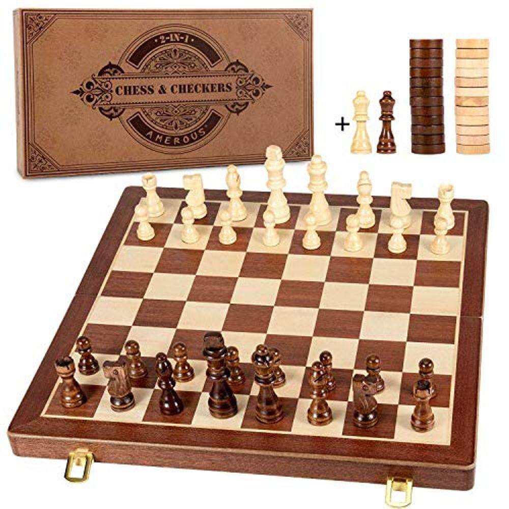 AMEROUS 15 Polegadas Magnetic Wooden Chess & Checkers Set (2 em 1) - Folding Board -Gift Box Embalado -24 Cherkers Pieces -2 Extra Queens - Chessmen S
