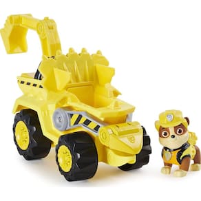 Paw Patrol, Dino Rescue Rubble`s Deluxe Rev Up Vehicle com figura misteriosa de dinossauro