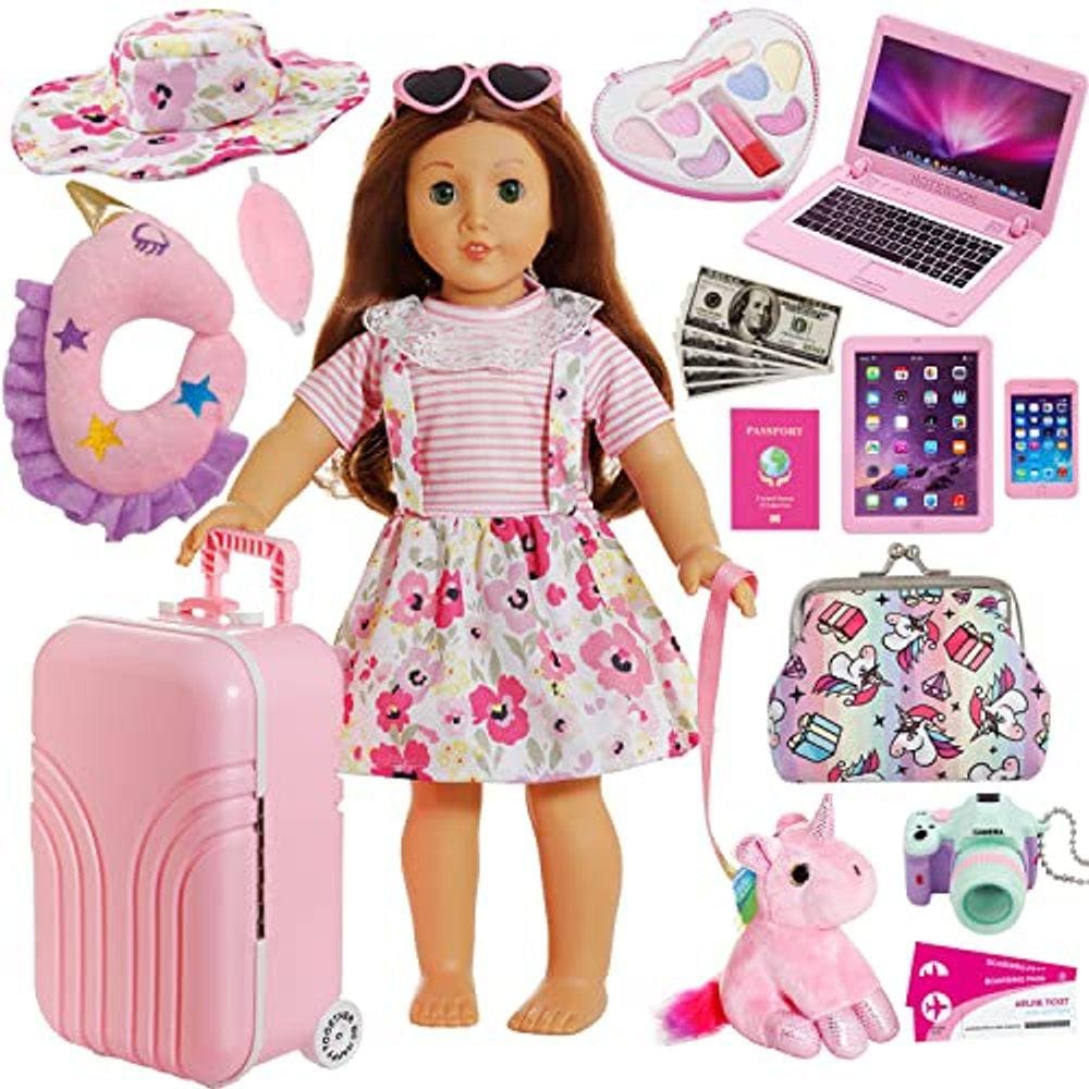 Conjunto Malas Viagem Boneca 18 Am. olls - Roupas, Chapéu, Óculos, Câmera, Travesseiro Unicórnio