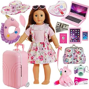 Conjunto Malas Viagem Boneca 18 Am. olls - Roupas, Chapéu, Óculos, Câmera, Travesseiro Unicórnio