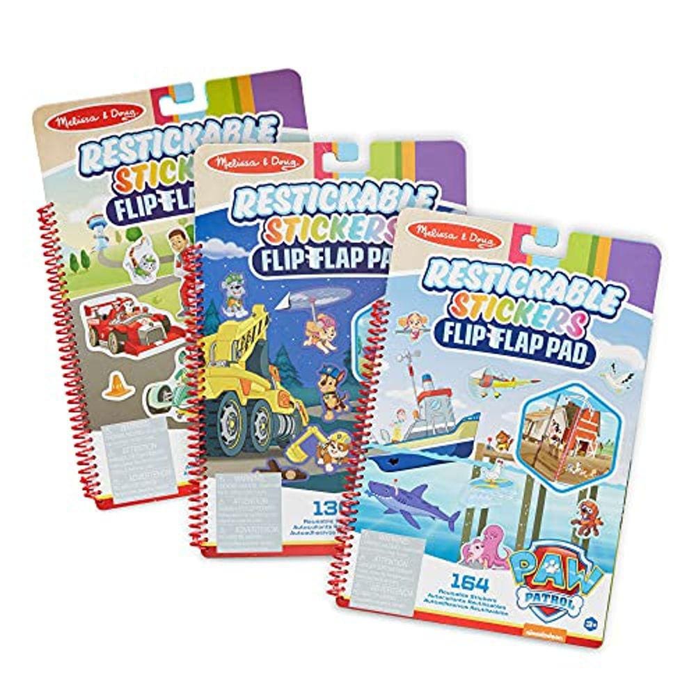 Melissa & Doug PAW Patrol Adesivos Restickable Flip-Flap Pad 3-Pack – Missões Clássicas, Adventure Bay, Ultimate Rescue
